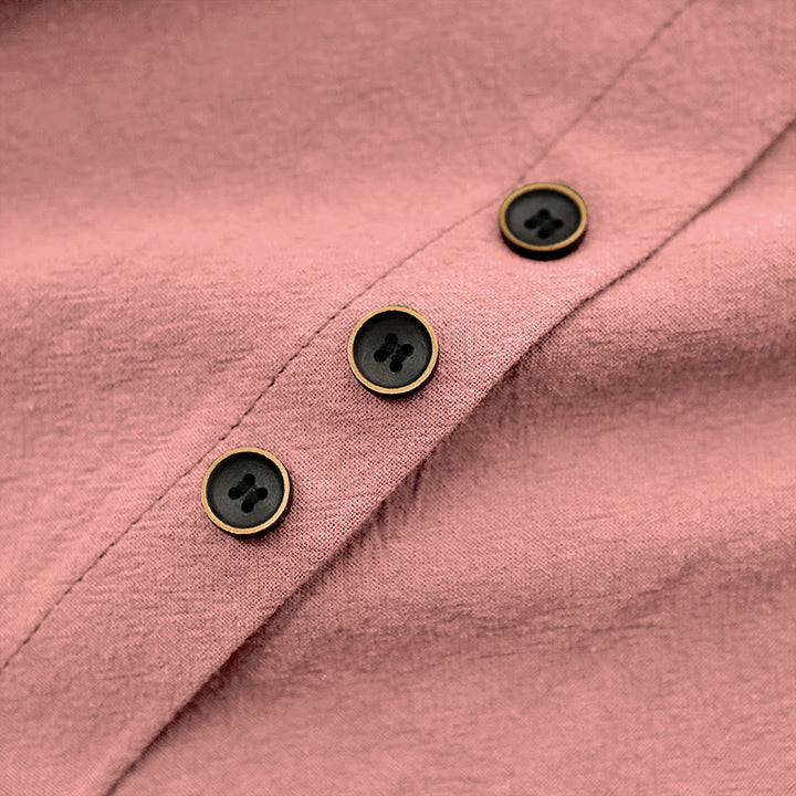 Buddha Stones Casual Summer Pure Color Jacquard Button Crew Neck Cotton Women's Short Sleeve T-Shirt - image 38