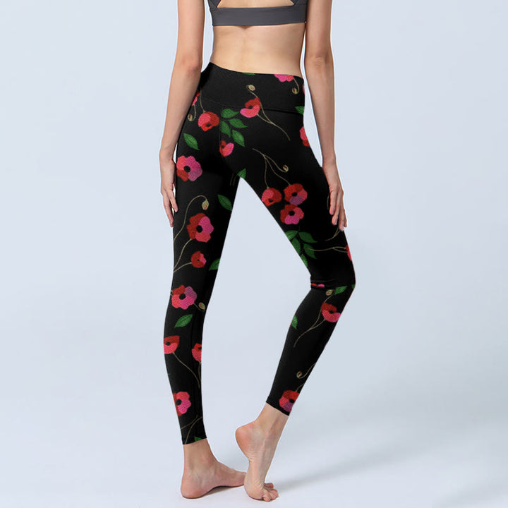 Buddha Stones Vibrant Red Flowers Green Leaves Print Gym Leggings Women's Yoga Pants - image 4