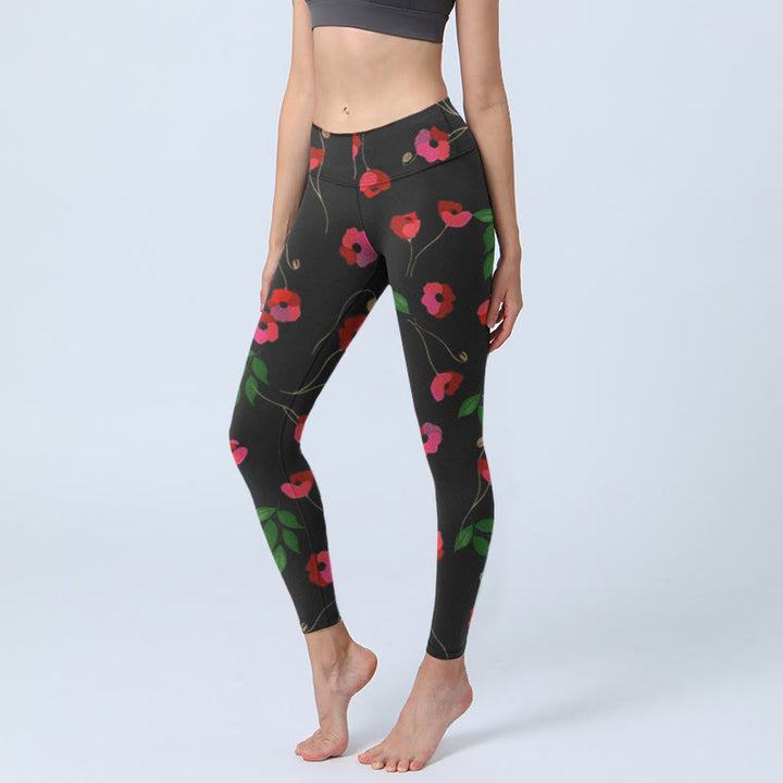 Buddha Stones Vibrant Red Flowers Green Leaves Print Gym Leggings Women's Yoga Pants - Black - US18，UK/AU22，EU50 (4XL) - image 0