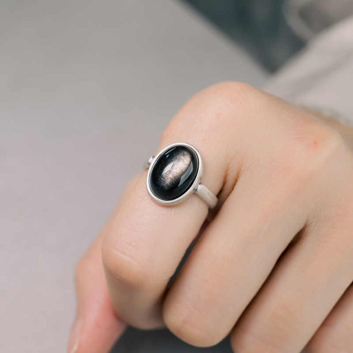Buddha Stones Natural 925 Sterling Silver Silver Sheen Obsidian Adjustable Protection Ring - A Style(About 16*12mm) - image 6