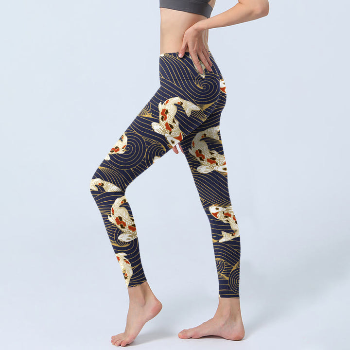 Buddha Stones White Red Koi Fish Ocean Waves Print Gym Leggings Women's Yoga Pants - image 2