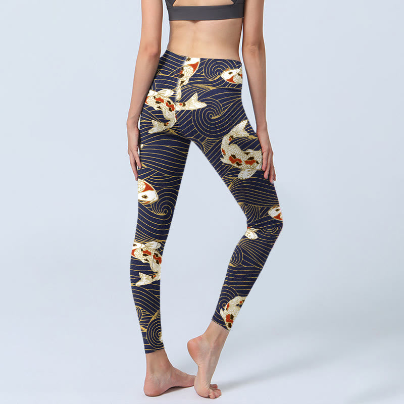 Buddha Stones White Red Koi Fish Ocean Waves Print Gym Leggings Women's Yoga Pants - image 3