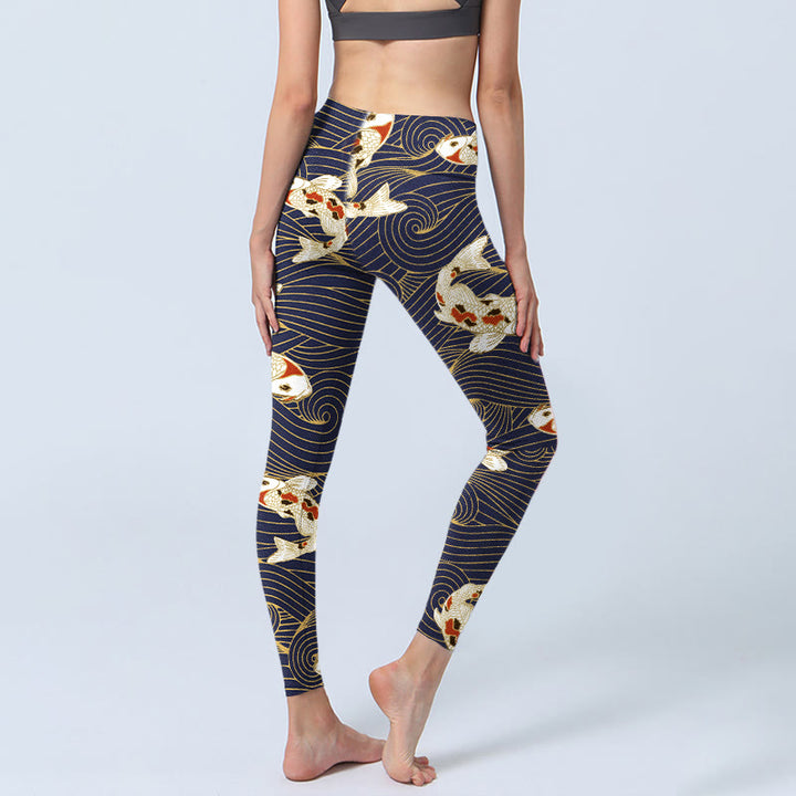 Buddha Stones White Red Koi Fish Ocean Waves Print Gym Leggings Women's Yoga Pants - image 3
