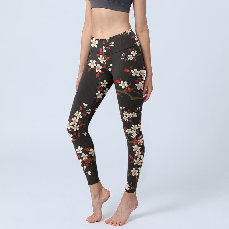 Buddha Stones White Cherry Blossoms Red Leaves Print Gym Leggings Women's Yoga Pants - Black - US18，UK/AU22，EU50 (4XL) - image 0