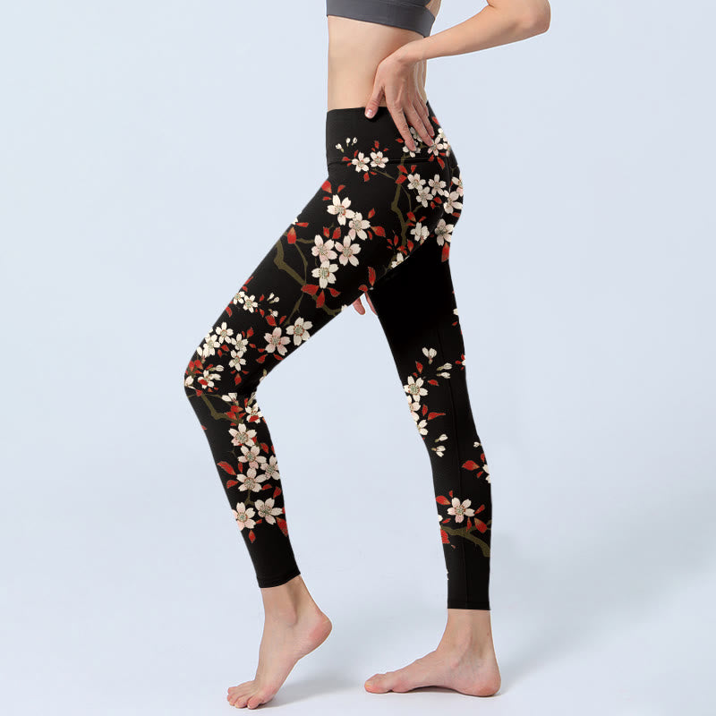 Buddha Stones White Cherry Blossoms Red Leaves Print Gym Leggings Women's Yoga Pants - image 2