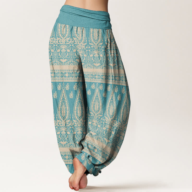 Buddha Stones Pure Cotton Casual Feather Stripes Design Women's Elastic Waist Harem Pants - image 1