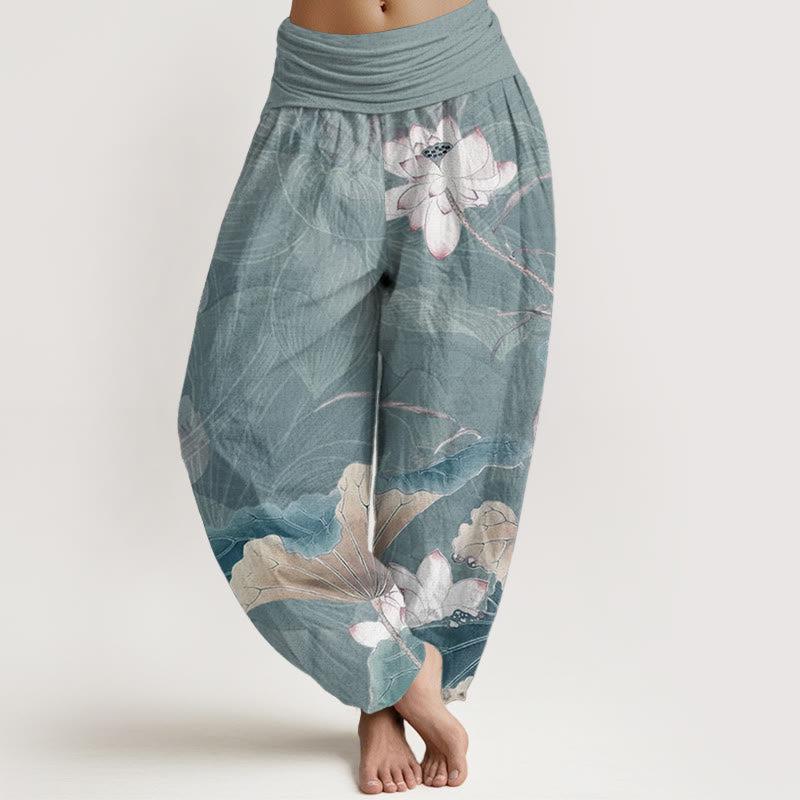 Buddha Stones Pure Cotton Lotus Flowers Leaves Pattern Women's Elastic Waist Harem Pants - Turquoise - US22，UK/AU26，EU54 (6XL) - image 0