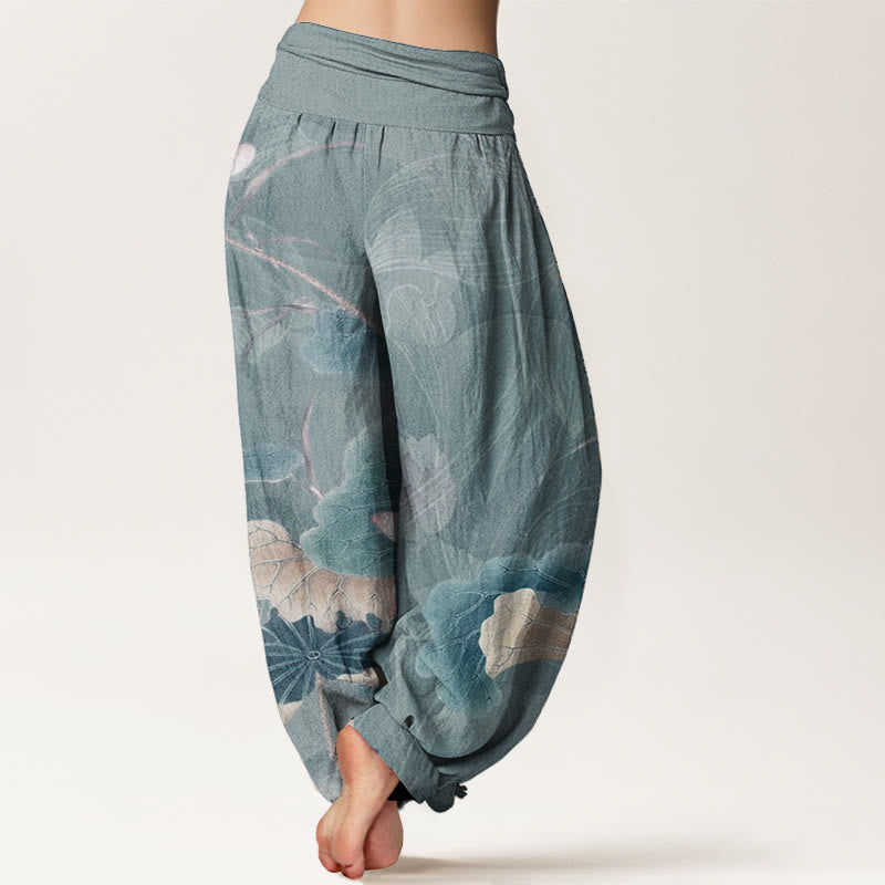 Buddha Stones Pure Cotton Lotus Flowers Leaves Pattern Women's Elastic Waist Harem Pants - image 1