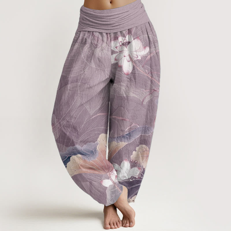 Buddha Stones Pure Cotton Lotus Flowers Leaves Pattern Women's Elastic Waist Harem Pants - PaleVioletRed - US22，UK/AU26，EU54 (6XL) - image 8