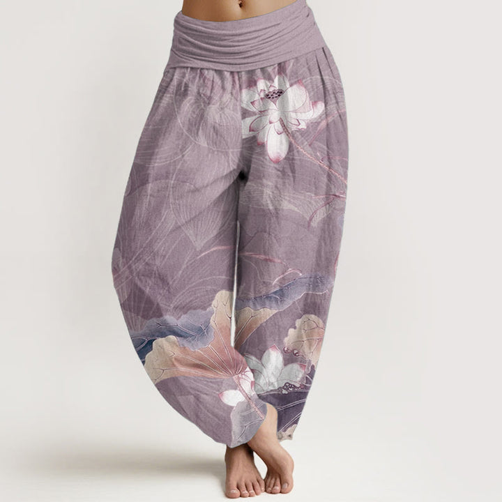 Buddha Stones Pure Cotton Lotus Flowers Leaves Pattern Women's Elastic Waist Harem Pants - PaleVioletRed - US22，UK/AU26，EU54 (6XL) - image 8