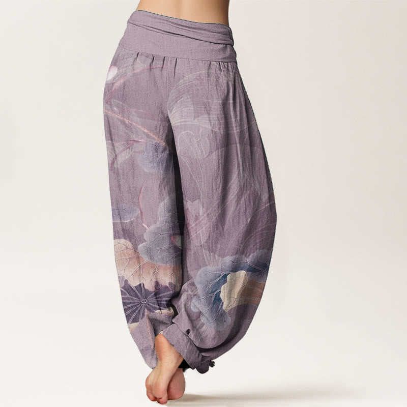 Buddha Stones Pure Cotton Lotus Flowers Leaves Pattern Women's Elastic Waist Harem Pants - image 9