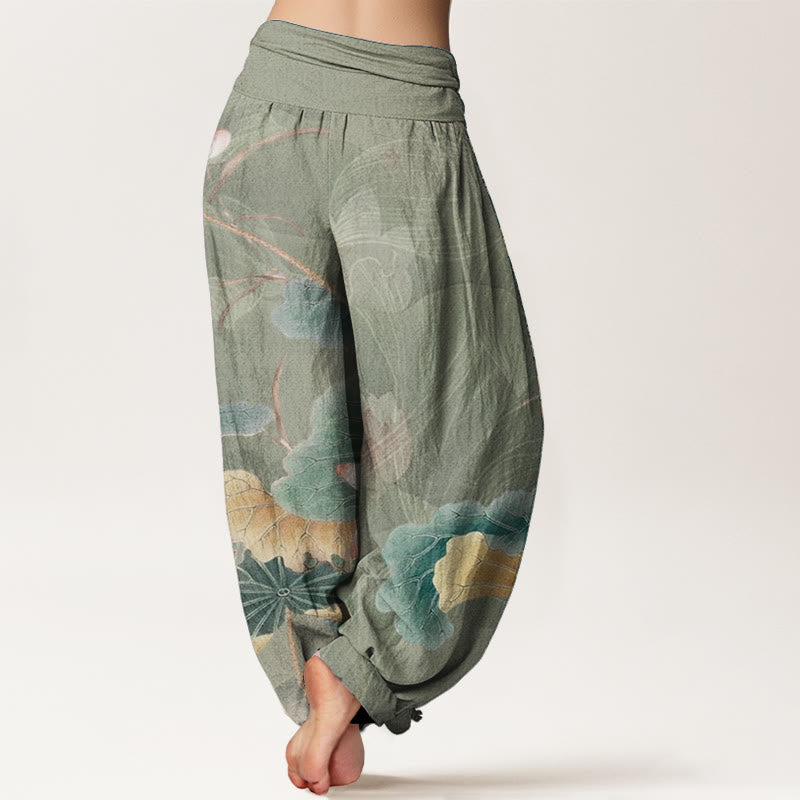 Buddha Stones Pure Cotton Lotus Flowers Leaves Pattern Women's Elastic Waist Harem Pants - image 6