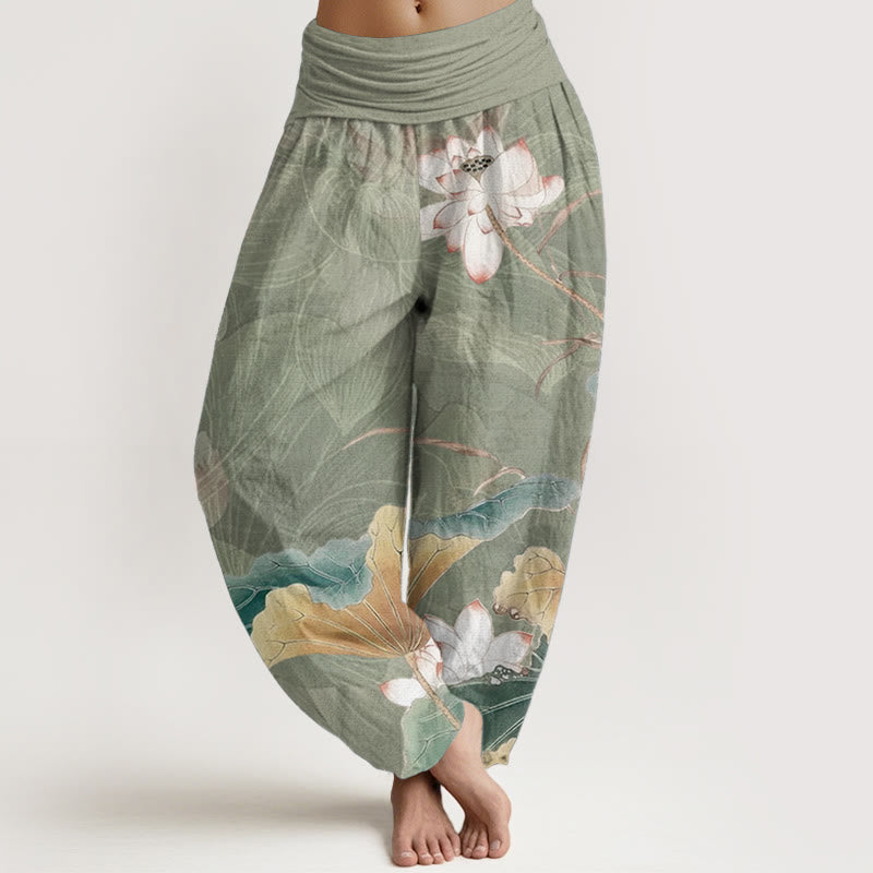 Buddha Stones Pure Cotton Lotus Flowers Leaves Pattern Women's Elastic Waist Harem Pants - LightGreen - US22，UK/AU26，EU54 (6XL) - image 5