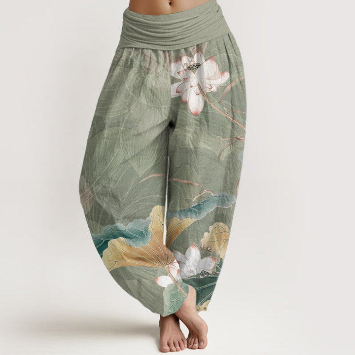Buddha Stones Pure Cotton Lotus Flowers Leaves Pattern Women's Elastic Waist Harem Pants - LightGreen - US22，UK/AU26，EU54 (6XL) - image 5