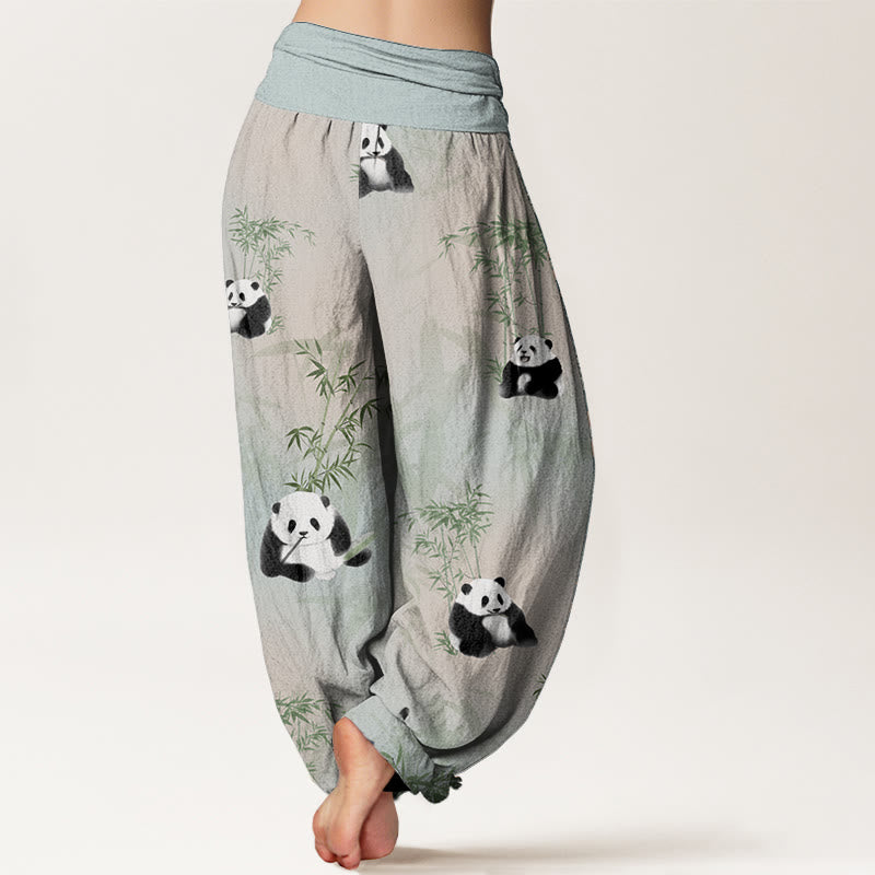 Buddha Stones Pure Cotton Panda Bamboo Pattern Women's Elastic Waist Harem Pants - image 1