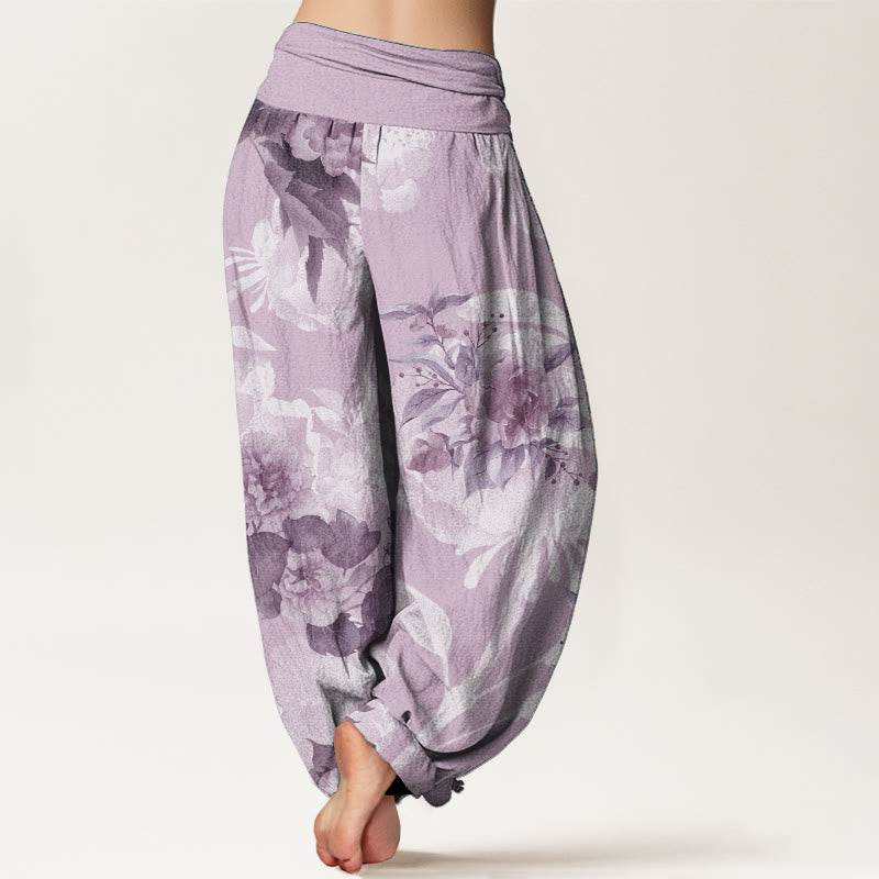 Buddha Stones Pure Cotton Flowers White Leaves Women's Elastic Waist Harem Pants - image 9