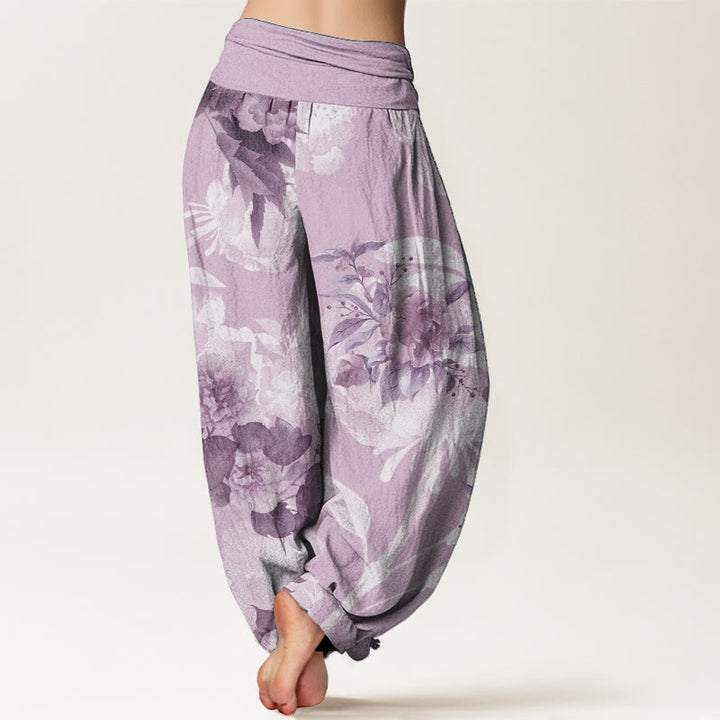 Buddha Stones Pure Cotton Flowers White Leaves Women's Elastic Waist Harem Pants - image 9