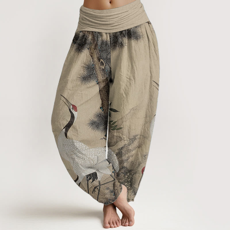 Buddha Stones Pure Cotton Casual Red-crowned Crane Pine Tree Mountain Women's Elastic Waist Harem Pants - Wheat - US22，UK/AU26，EU54 (6XL) - image 0