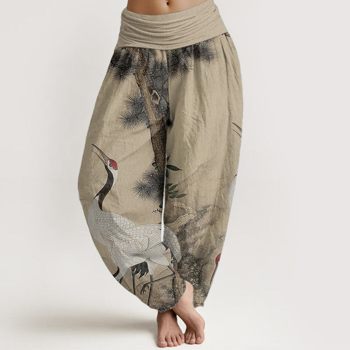 Buddha Stones Pure Cotton Casual Red-crowned Crane Pine Tree Mountain Women's Elastic Waist Harem Pants - Wheat - US22，UK/AU26，EU54 (6XL) - image 0