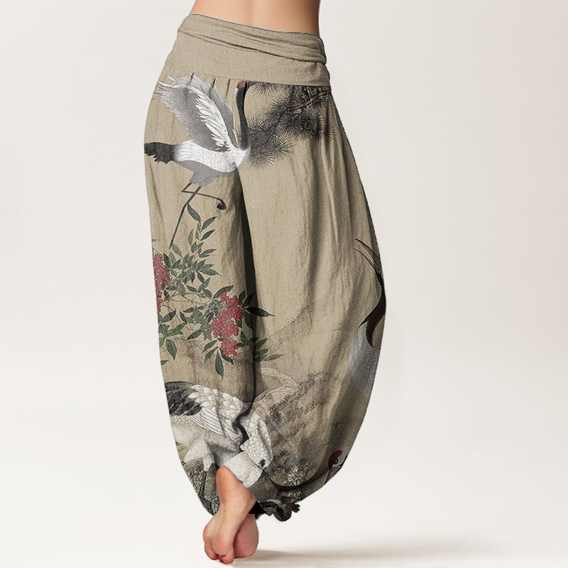 Buddha Stones Pure Cotton Casual Red-crowned Crane Pine Tree Mountain Women's Elastic Waist Harem Pants - image 1