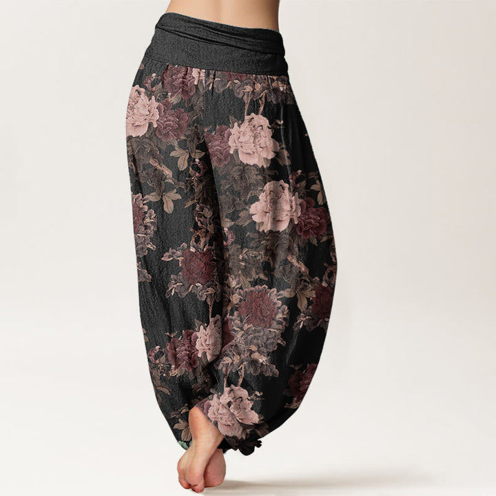 Buddha Stones Pure Cotton Casual Lush Peony Flowers Leaf Pattern Women's Elastic Waist Harem Pants - image 1