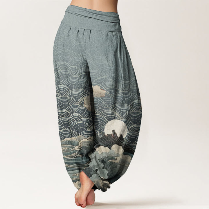 Buddha Stones Pure Cotton Casual Wave Moon Mountain Pattern Women's Elastic Waist Harem Pants - image 6