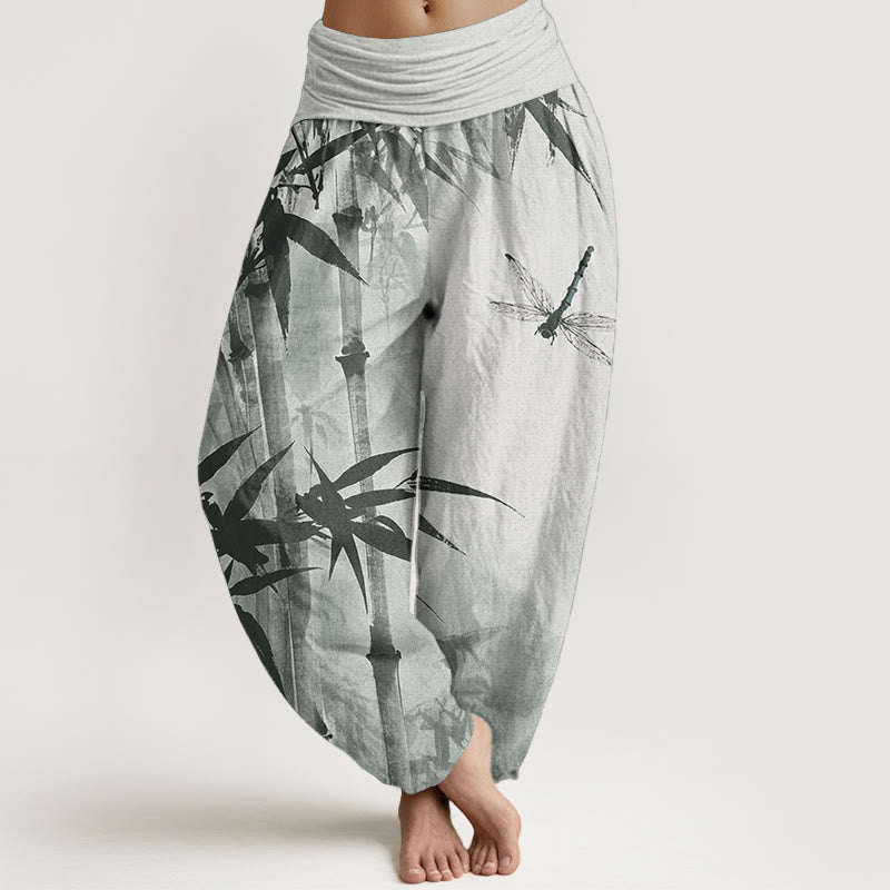 Buddha Stones Pure Cotton Casual Bamboo Leaves Dragonfly Pattern Women's Elastic Waist Harem Pants - LightGreen - US22，UK/AU26，EU54 (6XL) - image 0