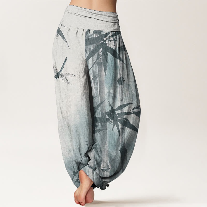 Buddha Stones Pure Cotton Casual Bamboo Leaves Dragonfly Pattern Women's Elastic Waist Harem Pants - image 10