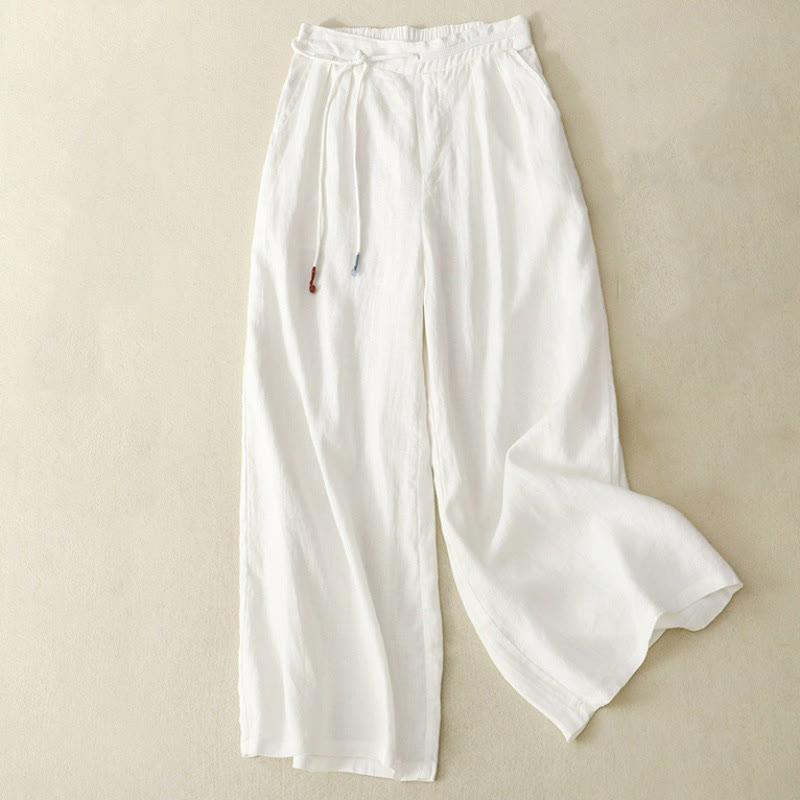 Buddha Stones Spring Casual Solid Color Drawstring Design  Women's Cotton Linen 7-8 Length Wide Leg Pants With Pockets - White - US8-10，UK/AU12-14，EU40-42 (2XL) - image 3