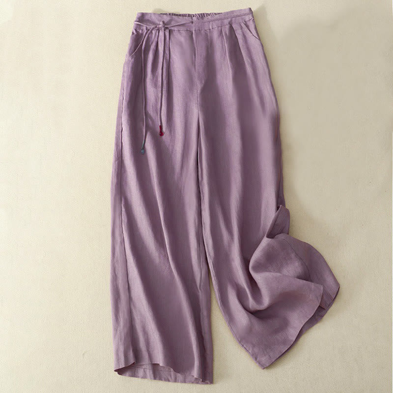 Buddha Stones Spring Casual Solid Color Drawstring Design  Women's Cotton Linen 7-8 Length Wide Leg Pants With Pockets - MediumOrchid - US8-10，UK/AU12-14，EU40-42 (2XL) - image 0