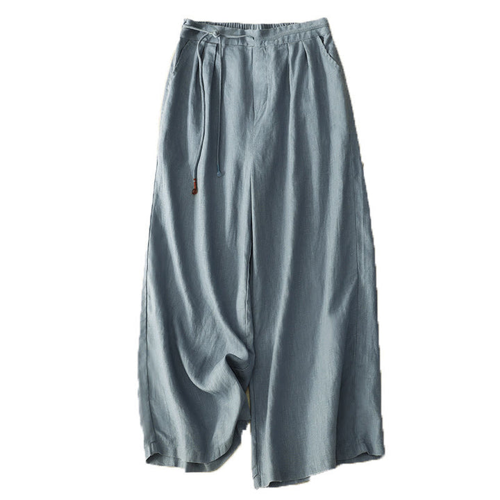 Buddha Stones Spring Casual Solid Color Drawstring Design  Women's Cotton Linen 7-8 Length Wide Leg Pants With Pockets - image 9