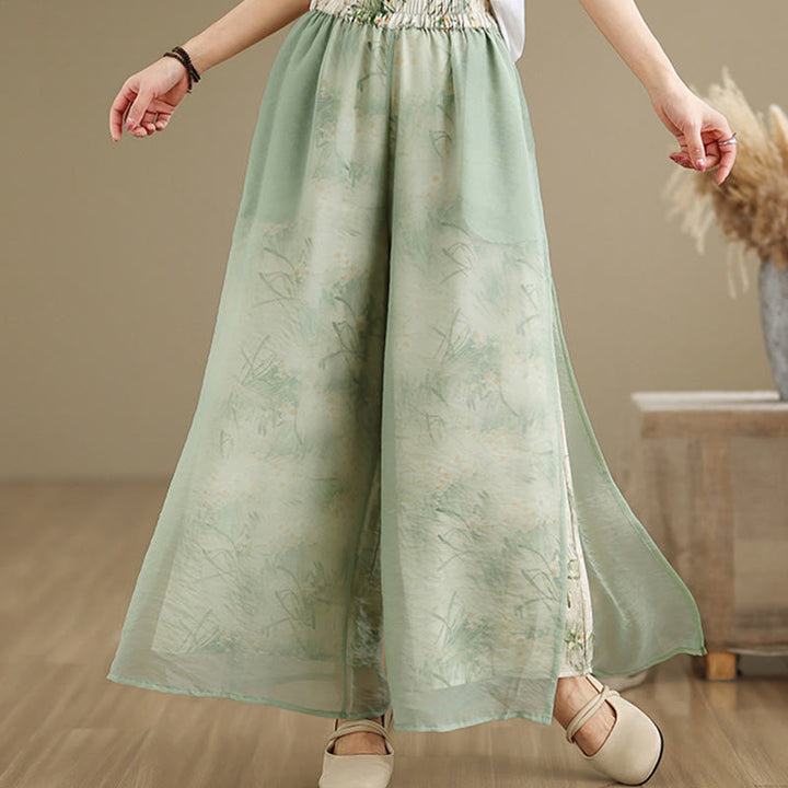 Buddha Stones Spring Vintage Printing Plant Pattern Double Layer Design Women's Cotton Wide Leg Pants With Pockets - MediumSeaGreen - US8-10，UK/AU12-14，EU40-42 (2XL) - image 0