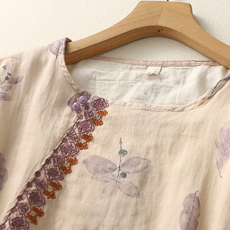 Buddha Stones Embroidery Design Leaves Women's Cotton Linen Three Quarter Sleeve Shirt - image 4