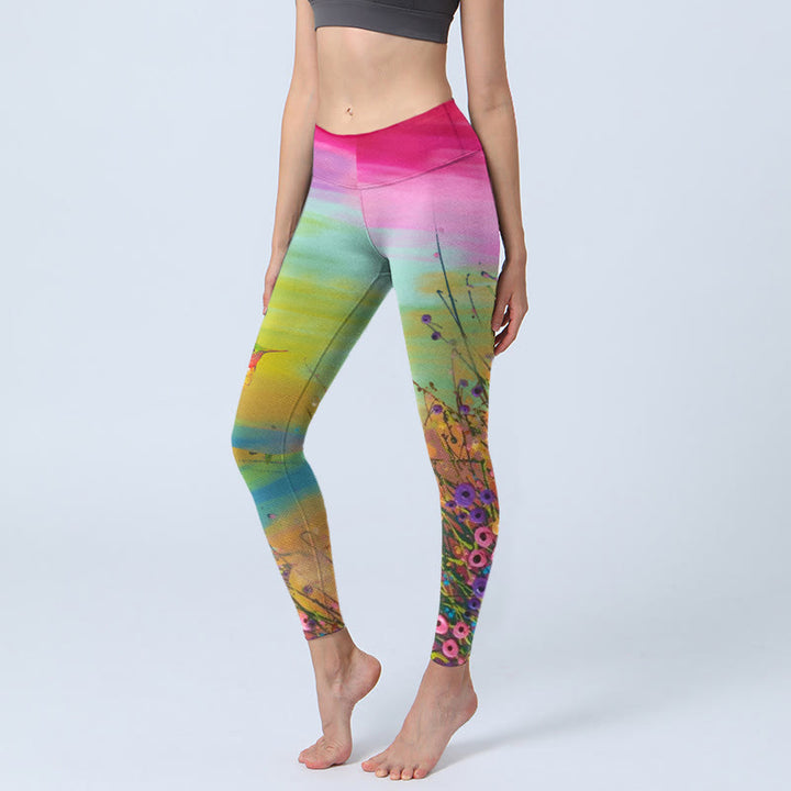 Buddha Stones Blooming Flower Bird Pattern Print Gym Leggings Women's Yoga Pants - YellowGreen - US18，UK/AU22，EU50 (4XL) - image 0