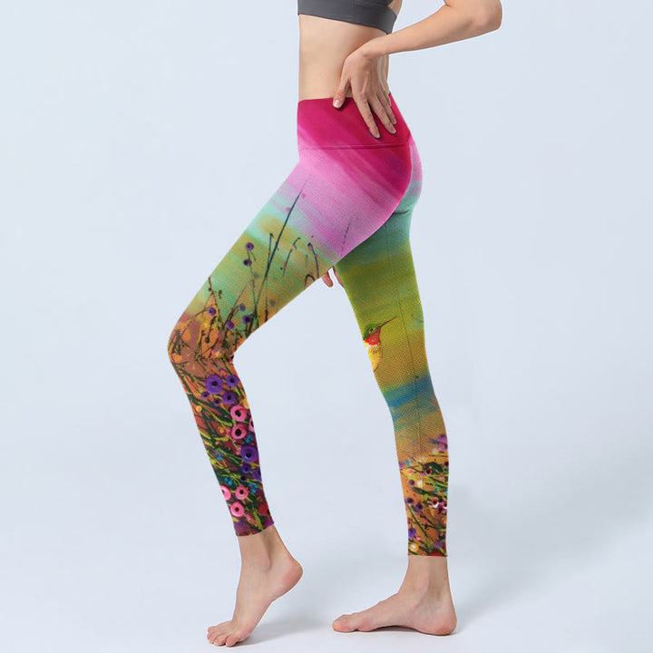 Buddha Stones Blooming Flower Bird Pattern Print Gym Leggings Women's Yoga Pants - image 2
