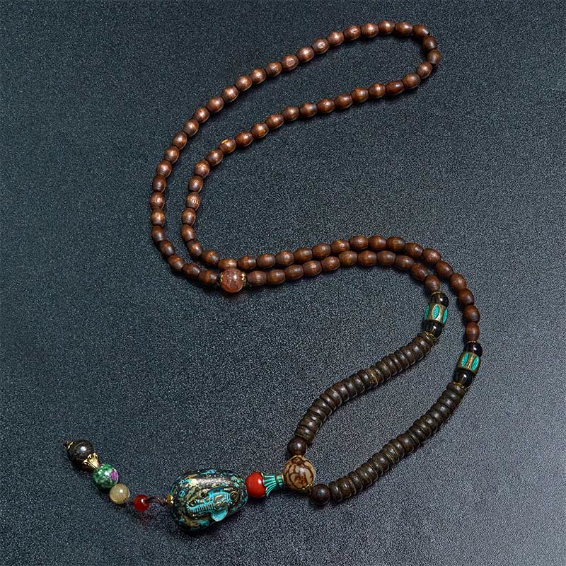 Buddha Stones Tibetan Handmade Wenge Wood Protection Dzi Bead Elephant Head Necklace Pendant - image 9
