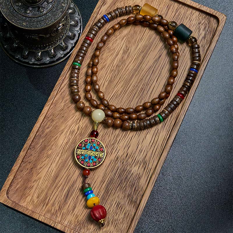 Buddha Stones Tibetan Handmade Coconut Shell Schima Wood Great Bright Mantra Copper Bead Balance Necklace Pendant - Schima Wood&Great Bright Mantra - image 0