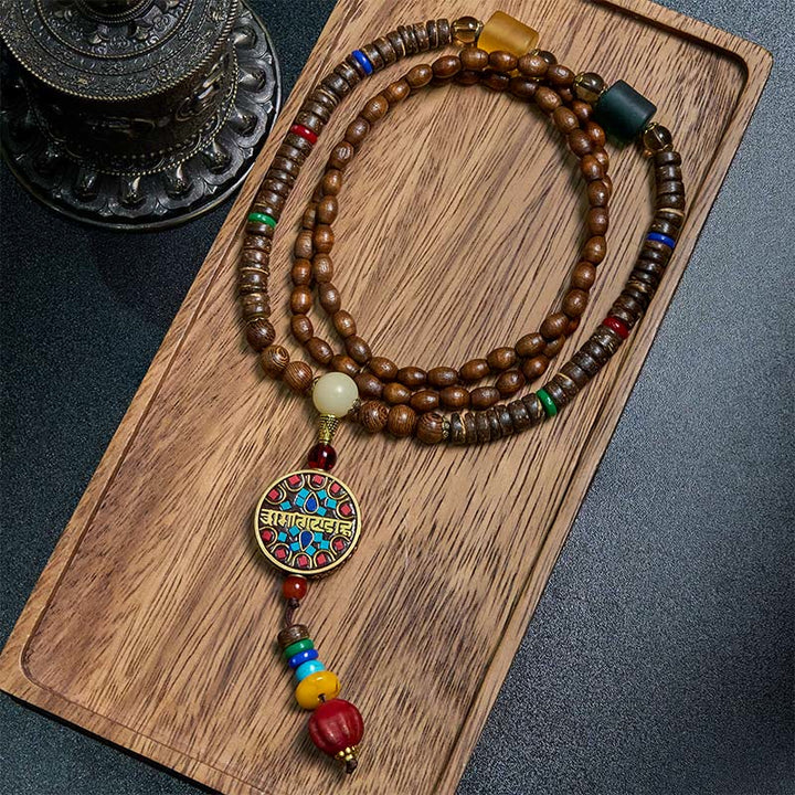 Buddha Stones Tibetan Handmade Coconut Shell Schima Wood Great Bright Mantra Copper Bead Balance Necklace Pendant - Schima Wood&Great Bright Mantra - image 0