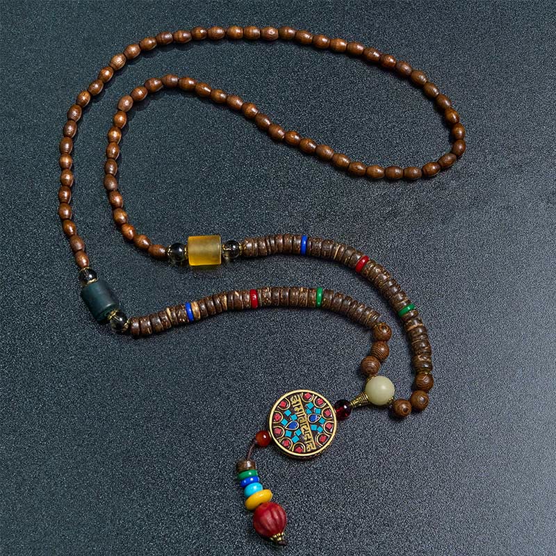 Buddha Stones Tibetan Handmade Coconut Shell Schima Wood Great Bright Mantra Copper Bead Balance Necklace Pendant - image 1