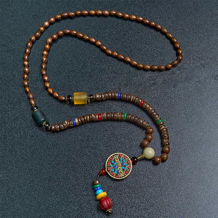 Buddha Stones Tibetan Handmade Coconut Shell Schima Wood Great Bright Mantra Copper Bead Balance Necklace Pendant - image 1