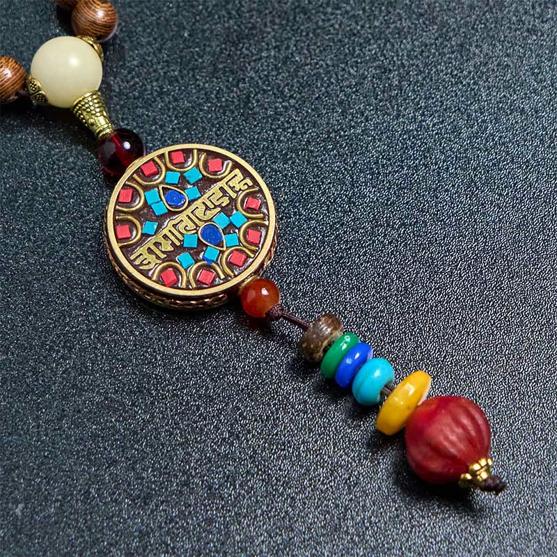 Buddha Stones Tibetan Handmade Coconut Shell Schima Wood Great Bright Mantra Copper Bead Balance Necklace Pendant - image 4