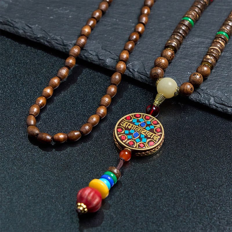 Buddha Stones Tibetan Handmade Coconut Shell Schima Wood Great Bright Mantra Copper Bead Balance Necklace Pendant - image 3