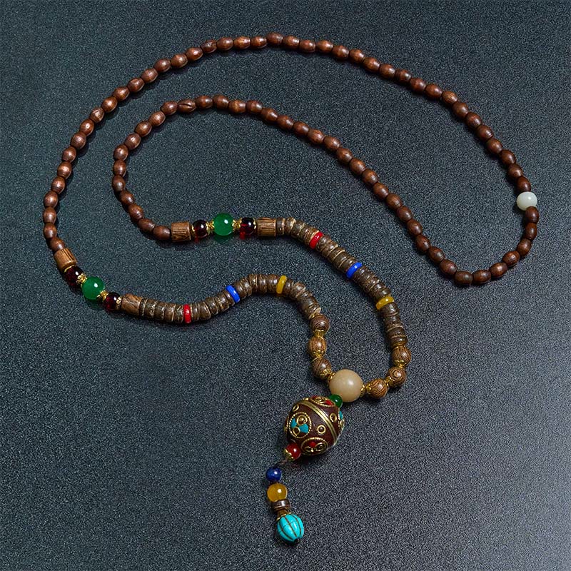 Buddha Stones Tibetan Handmade Coconut Shell Schima Wood Great Bright Mantra Copper Bead Balance Necklace Pendant - image 8