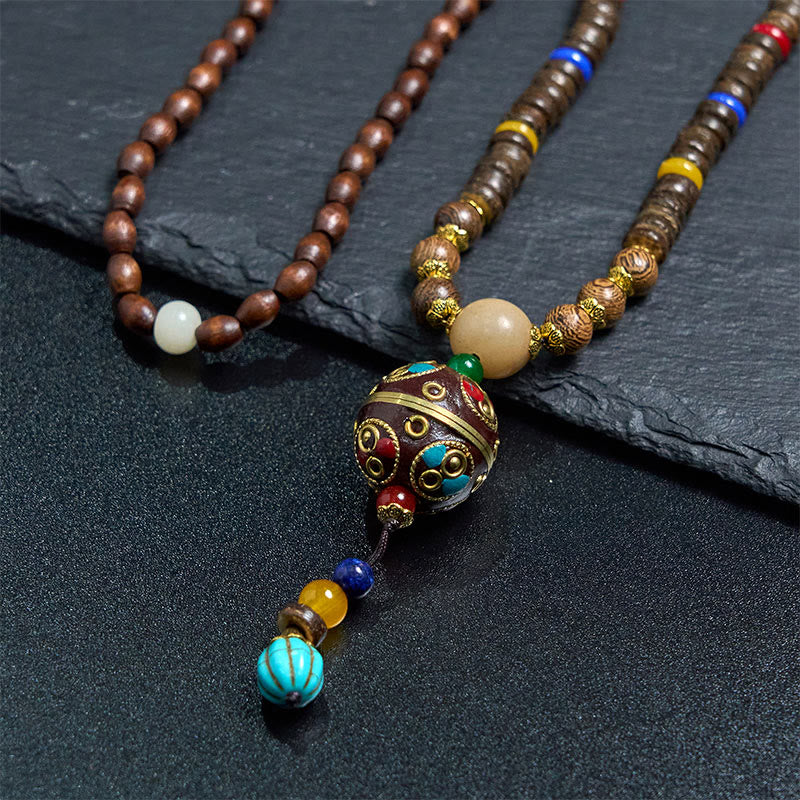 Buddha Stones Tibetan Handmade Coconut Shell Schima Wood Great Bright Mantra Copper Bead Balance Necklace Pendant - image 10
