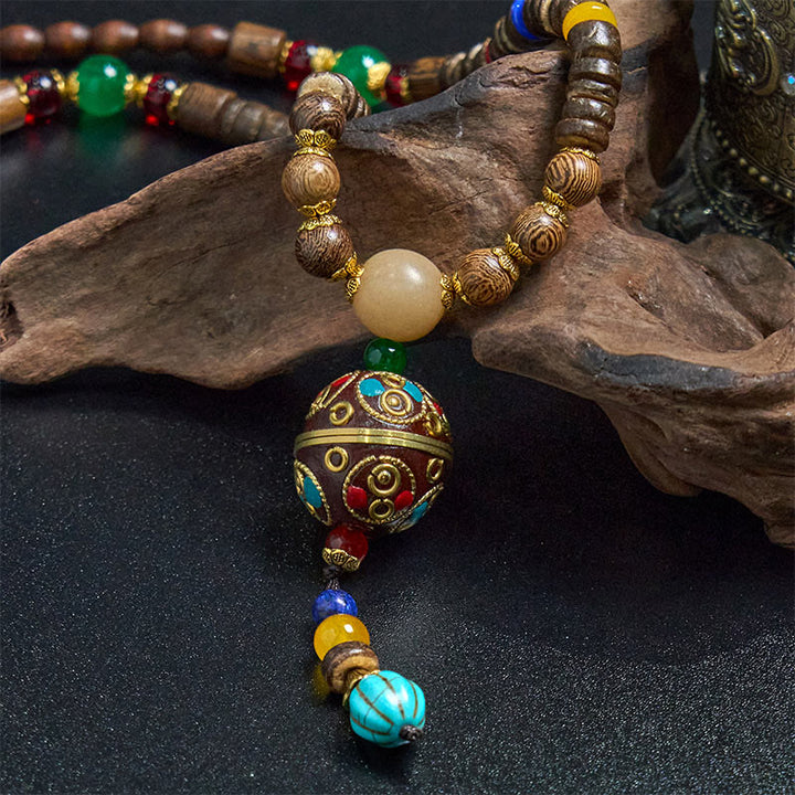 Buddha Stones Tibetan Handmade Coconut Shell Schima Wood Great Bright Mantra Copper Bead Balance Necklace Pendant - image 11