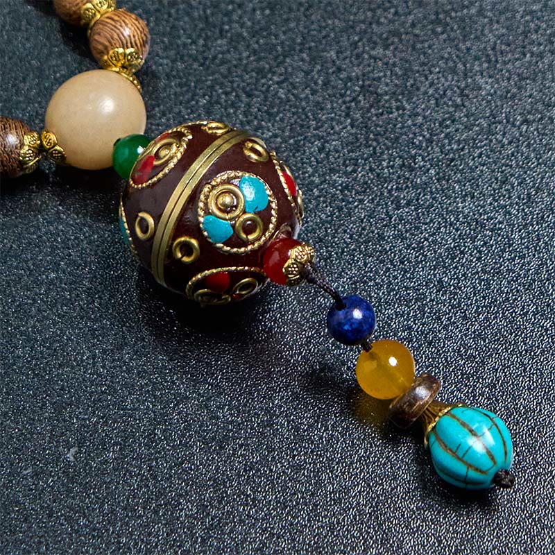 Buddha Stones Tibetan Handmade Coconut Shell Schima Wood Great Bright Mantra Copper Bead Balance Necklace Pendant - image 12