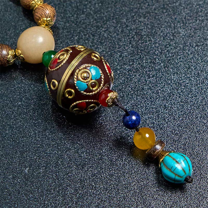 Buddha Stones Tibetan Handmade Coconut Shell Schima Wood Great Bright Mantra Copper Bead Balance Necklace Pendant - image 12