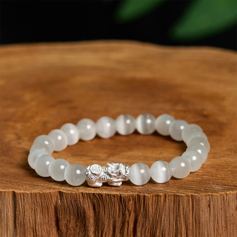 Buddha Stones Natural Cat's Eye Beads 990 Sterling Silver Pixiu Positive Bracelet - White Cat's Eye-(Wrist Circumference 14-16cm) - image 0