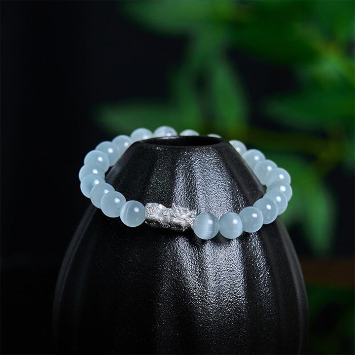 Buddha Stones Natural Cat's Eye Beads 990 Sterling Silver Pixiu Positive Bracelet - image 2