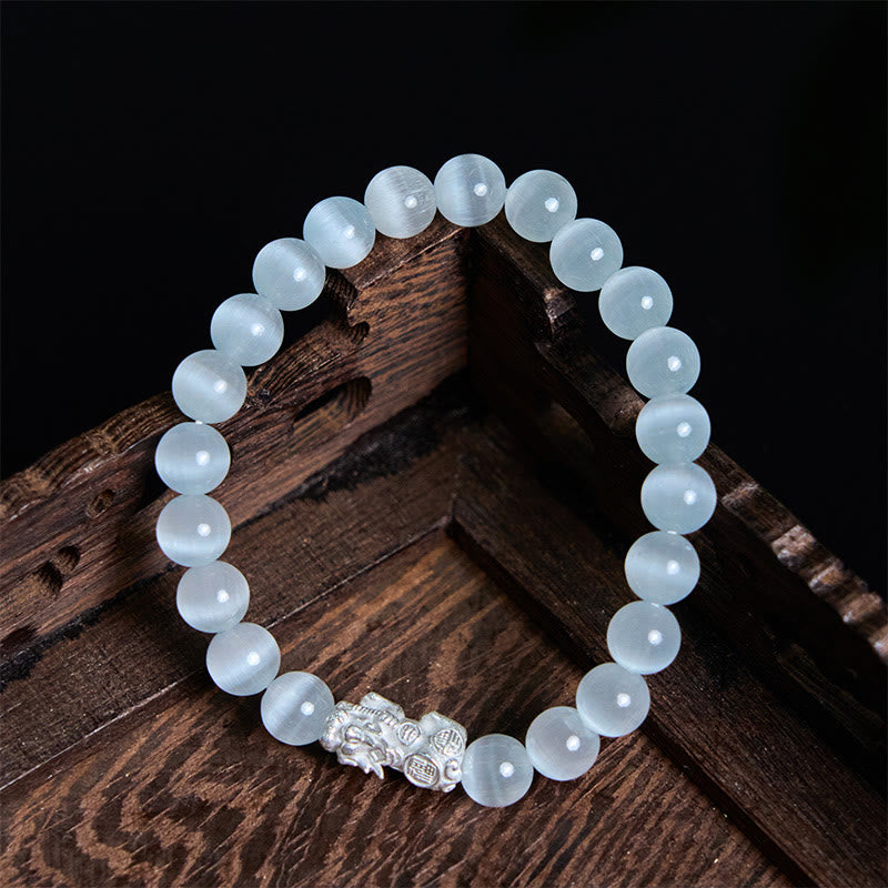Buddha Stones Natural Cat's Eye Beads 990 Sterling Silver Pixiu Positive Bracelet - image 1